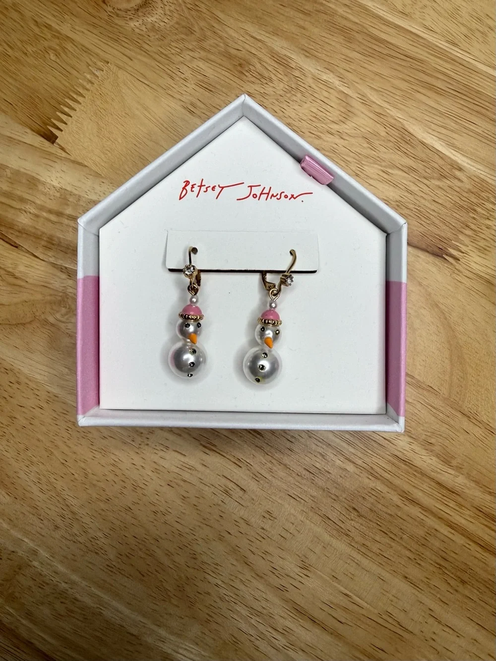 Betsey Johnson Pink Pearl Snowman Drop Earrings NWT